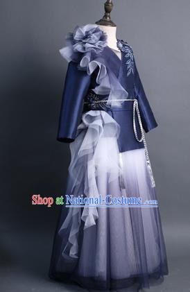 Traditional Chinese Girl Classical Dance Navy Veil Dress Compere Stage Performance Costume for Kids