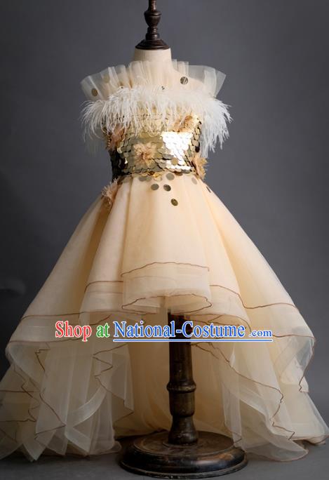 Top Children Fairy Princess Sequins Apricot Full Dress Compere Catwalks Stage Show Dance Costume for Kids