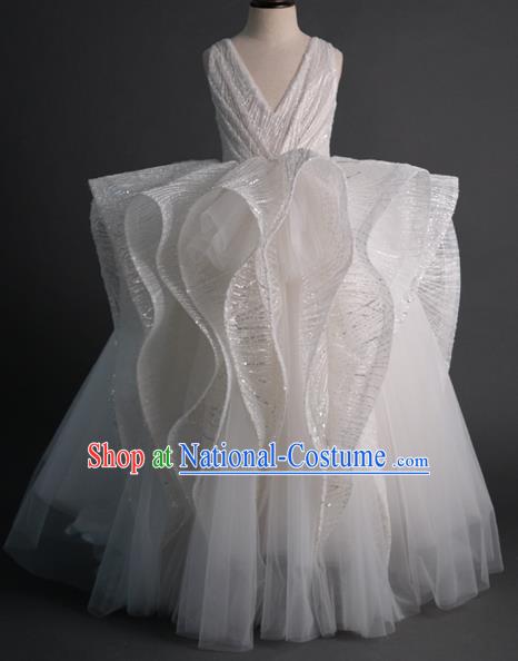 Top Children Flowers Fairy White Veil Trailing Full Dress Compere Catwalks Stage Show Dance Costume for Kids