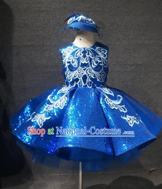 Top Children Kindergarten Performance Blue Short Dress Catwalks Stage Show Birthday Costume for Kids