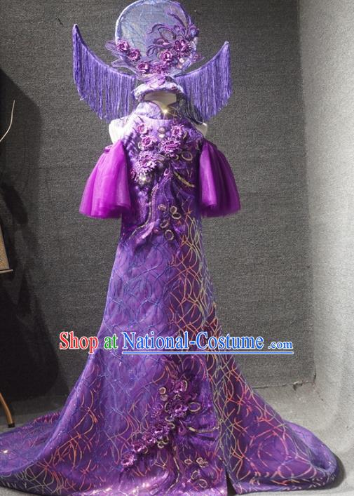 Traditional Chinese New Year Purple Qipao Dress Catwalks Compere Stage Show Costume for Kids