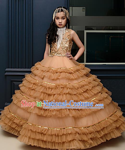 Top Children Fairy Princess Brown Bubble Full Dress Compere Catwalks Stage Show Dance Costume for Kids