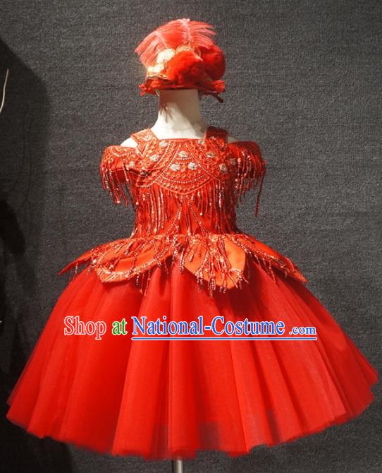 Top Kindergarten Children Day Performance Red Dress Catwalks Stage Show Birthday Costume for Kids