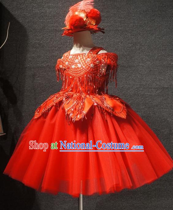 Top Kindergarten Children Day Performance Red Dress Catwalks Stage Show Birthday Costume for Kids