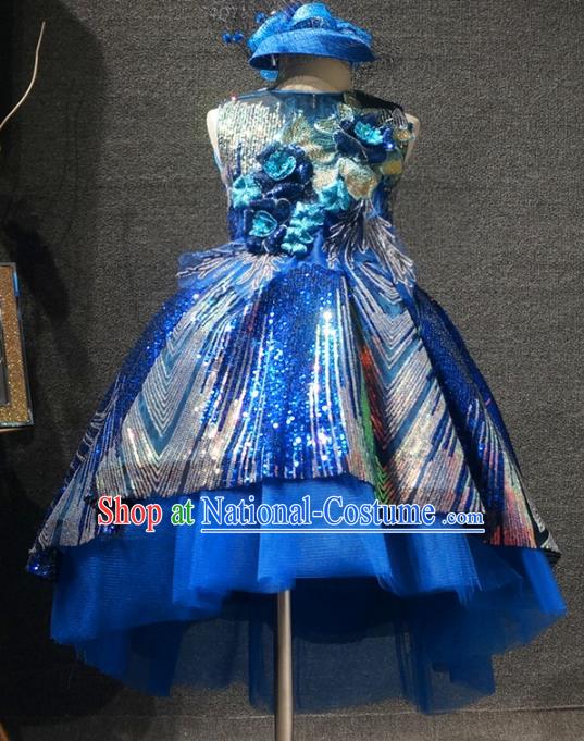 Top Kindergarten Children Day Royalblue Sequins Dress Catwalks Stage Show Birthday Costume for Kids