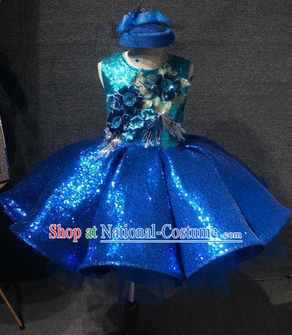 Top Kindergarten Children Day Royalblue Sequins Short Dress Catwalks Stage Show Birthday Costume for Kids