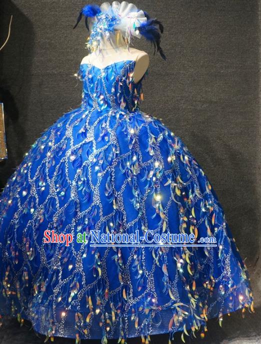 Top Children Piano Recital Royalblue Full Dress Catwalks Stage Show Birthday Costume for Kids