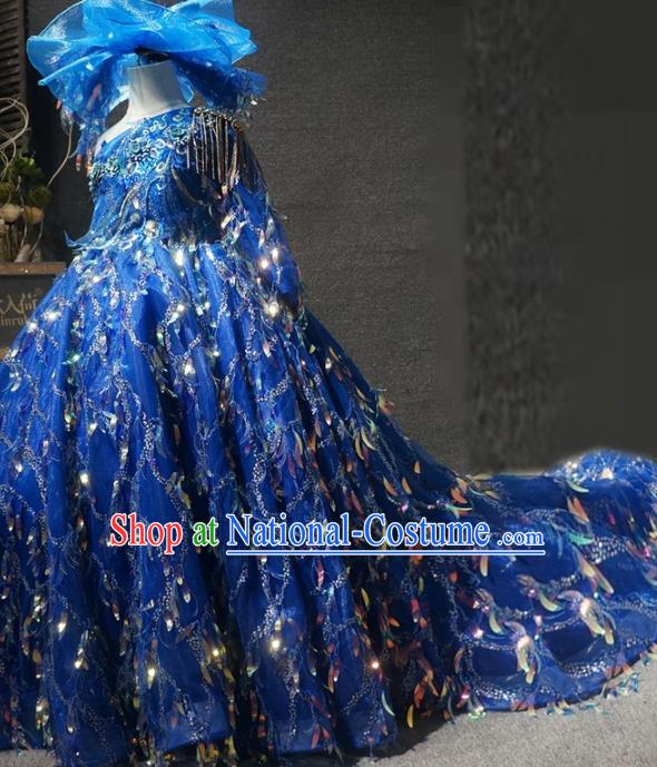 Top Children Piano Recital Blue Trailing Full Dress Catwalks Princess Stage Show Birthday Costume for Kids