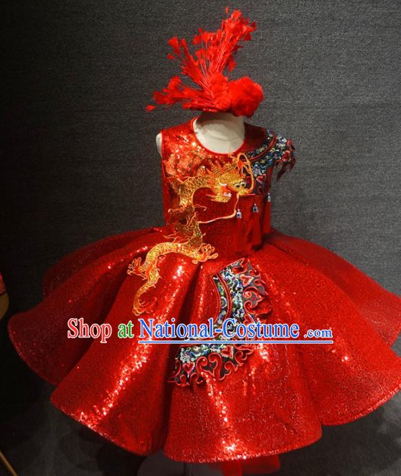 Traditional Chinese Compere Embroidered Dragon Red Full Dress Catwalks Stage Show Costume for Kids