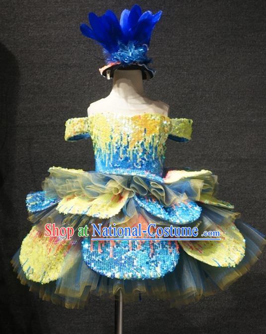 Top Children Dance Blue Bubble Full Dress Catwalks Princess Stage Show Birthday Costume for Kids