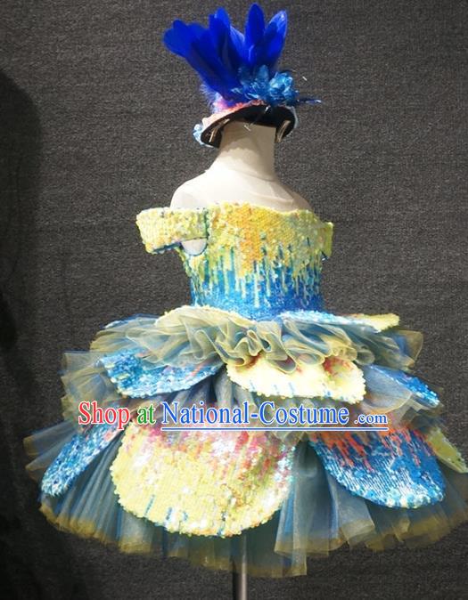 Top Children Dance Blue Bubble Full Dress Catwalks Princess Stage Show Birthday Costume for Kids