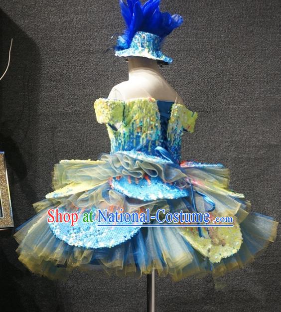 Top Children Dance Blue Bubble Full Dress Catwalks Princess Stage Show Birthday Costume for Kids