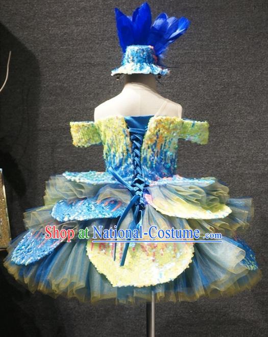 Top Children Dance Blue Bubble Full Dress Catwalks Princess Stage Show Birthday Costume for Kids