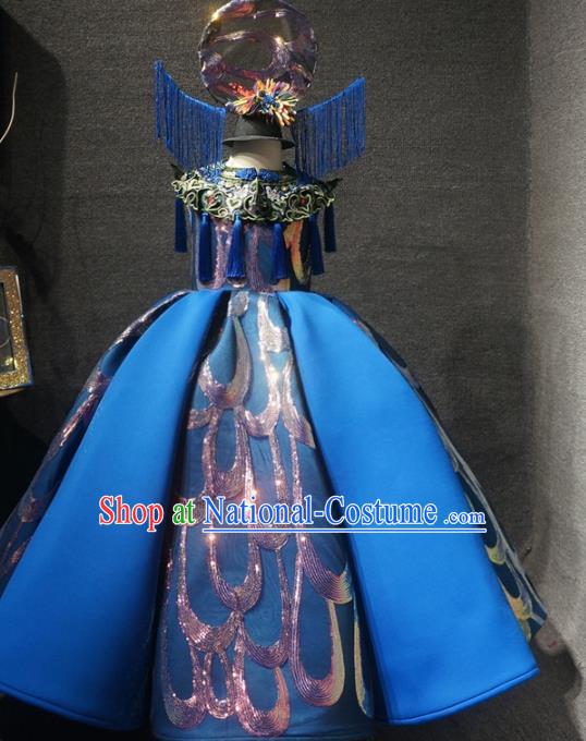 Traditional Chinese Performance New Year Deep Blue Dress Catwalks Compere Stage Show Costume for Kids