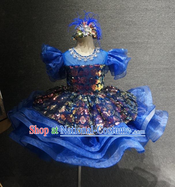 Top Grade Children Day Performance Deep Blue Short Dress Catwalks Stage Show Birthday Costume for Kids