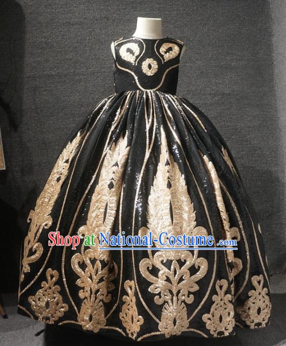 Top Children Dance Black Full Dress Catwalks Princess Stage Show Birthday Costume for Kids