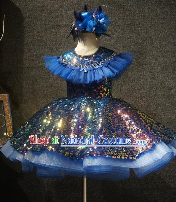 Top Children Dance Royalblue Short Paillette Dress Catwalks Princess Stage Show Birthday Costume for Kids