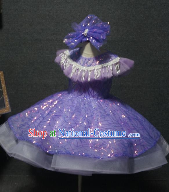 Top Children Dance Purple Short Paillette Dress Catwalks Princess Stage Show Birthday Costume for Kids