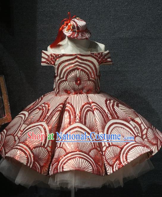 Top Children Dance Red Paillette Short Dress Catwalks Princess Stage Show Birthday Costume for Kids