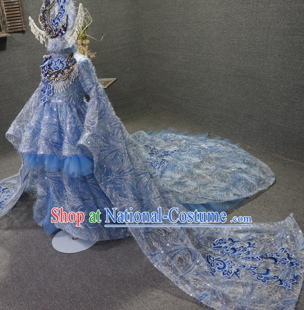 Traditional Chinese Catwalks Performance Embroidered Blue Trailing Dress Compere Stage Show Costume for Kids