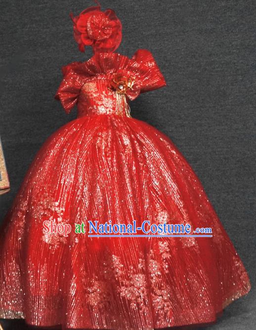 Top Children Party Red Full Dress Catwalks Princess Stage Show Birthday Costume for Kids