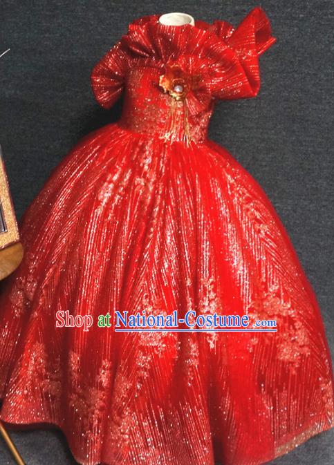 Top Children Party Red Full Dress Catwalks Princess Stage Show Birthday Costume for Kids