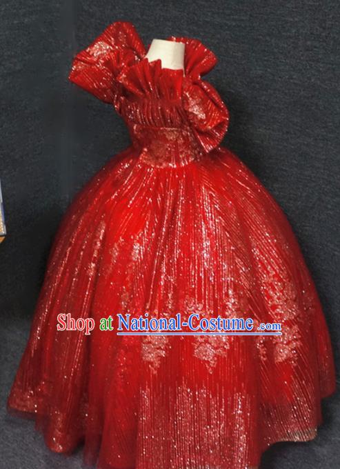 Top Children Party Red Full Dress Catwalks Princess Stage Show Birthday Costume for Kids