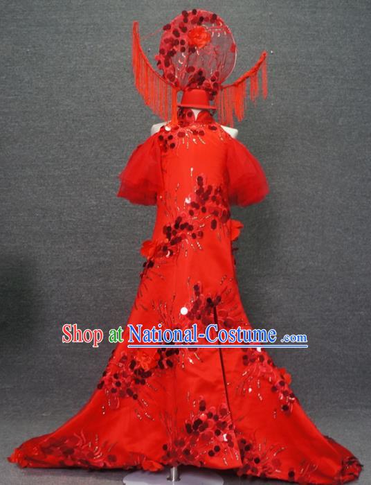 Traditional Chinese Catwalks Red Trailing Qipao Dress Compere Stage Performance Costume for Kids