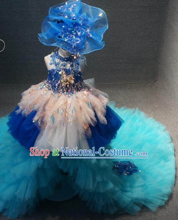 Top Children Piano Recital Blue Veil Trailing Full Dress Catwalks Princess Stage Show Birthday Costume for Kids