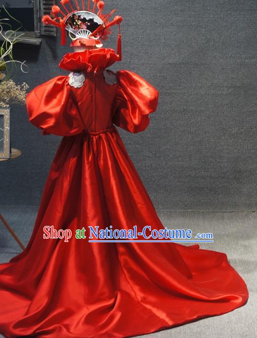 Traditional Chinese Catwalks Embroidered Plum Red Trailing Dress Compere Stage Performance Costume for Kids