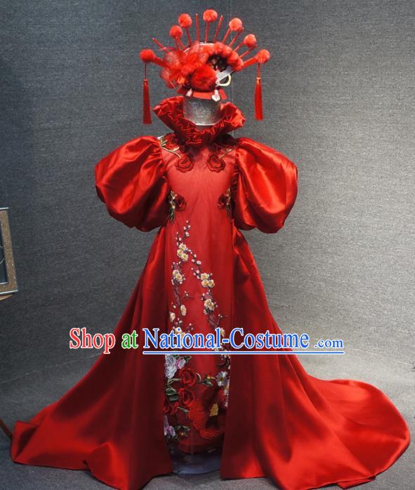 Traditional Chinese Catwalks Embroidered Plum Red Trailing Dress Compere Stage Performance Costume for Kids