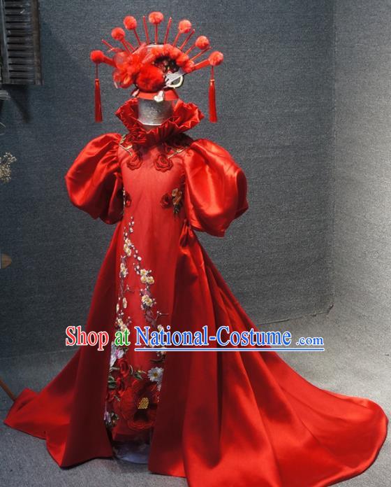 Traditional Chinese Catwalks Embroidered Plum Red Trailing Dress Compere Stage Performance Costume for Kids