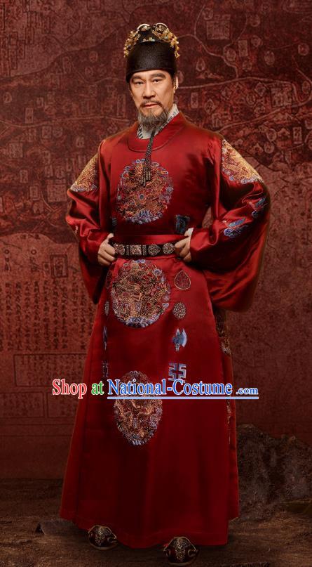 Chinese Ancient Drama Ming Dynasty Yongle Emperor Zhu Di Imperial Robe Replica Costumes and Headpiece Complete Set