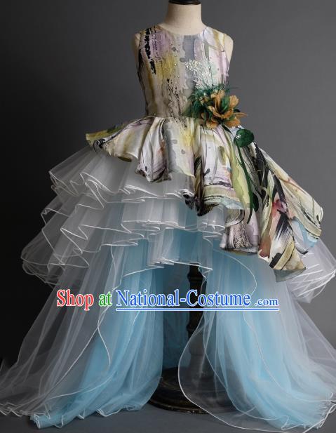 Top Children Fairy Princess Printing Blue Veil Trailing Full Dress Compere Catwalks Stage Show Dance Costume for Kids