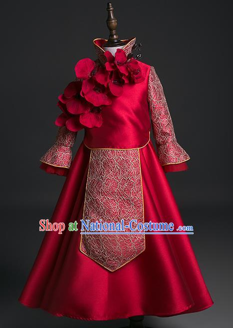 Traditional Chinese Girl Tang Suit Wine Red Dress Compere Stage Performance Costume for Kids