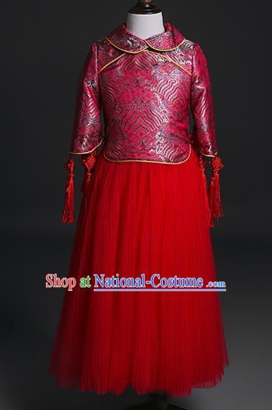 Traditional Chinese Girl Tang Suit Red Veil Dress Compere Stage Performance Costume for Kids