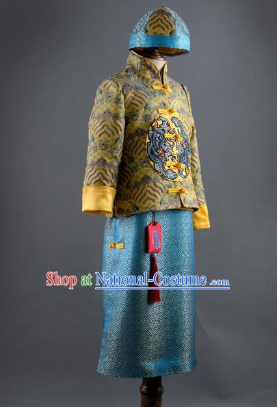 Traditional Chinese Children Qing Dynasty Embroidered Mandarin Jacket and Robe Classical Dance Stage Performance Costume for Kids