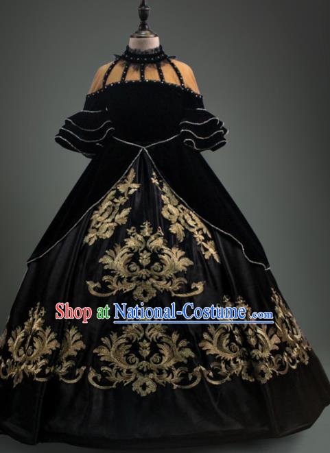 Top Children Cosplay Queen Embroidered Black Full Dress Compere Catwalks Stage Show Dance Costume for Kids