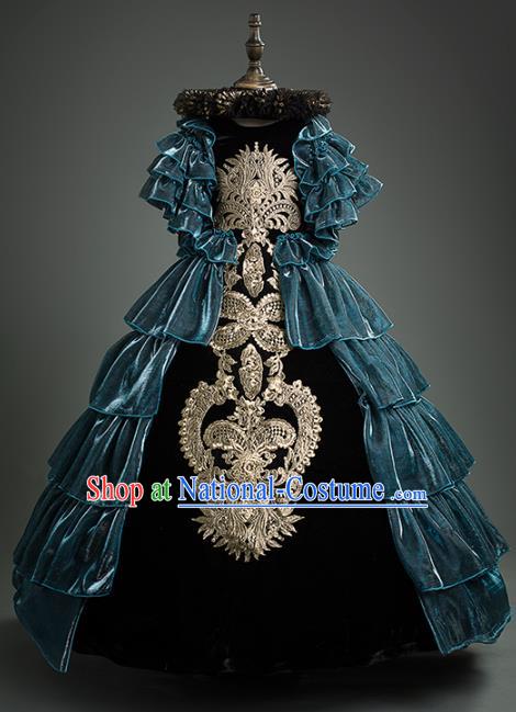 Top Children Cosplay Queen Embroidered Blue Full Dress Compere Catwalks Stage Show Dance Costume for Kids