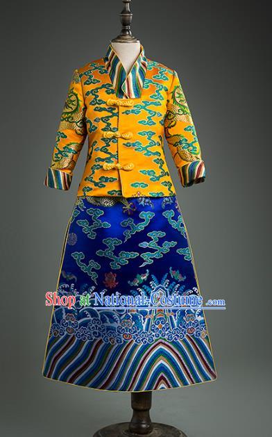 Traditional Chinese Children Qing Dynasty Golden Mandarin Jacket and Skirt Classical Dance Stage Performance Costume for Kids