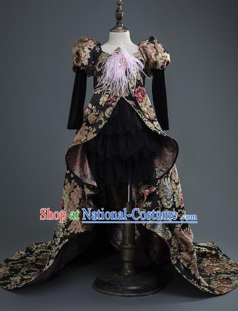 Top Children Cosplay Queen Black Embroidered Full Dress Compere Catwalks Stage Show Dance Costume for Kids