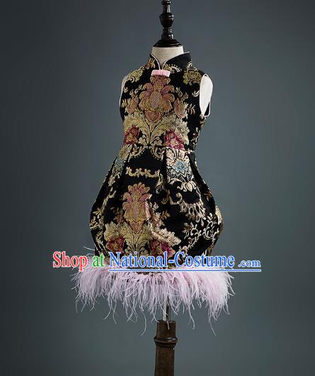 Traditional Chinese Classical Dance Black Qipao Dress Compere Stage Performance Costume for Kids