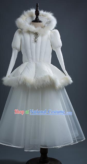 Top Children Cosplay Queen Winter White Full Dress Compere Catwalks Stage Show Dance Costume for Kids