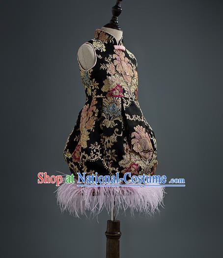 Traditional Chinese Classical Dance Black Qipao Dress Compere Stage Performance Costume for Kids