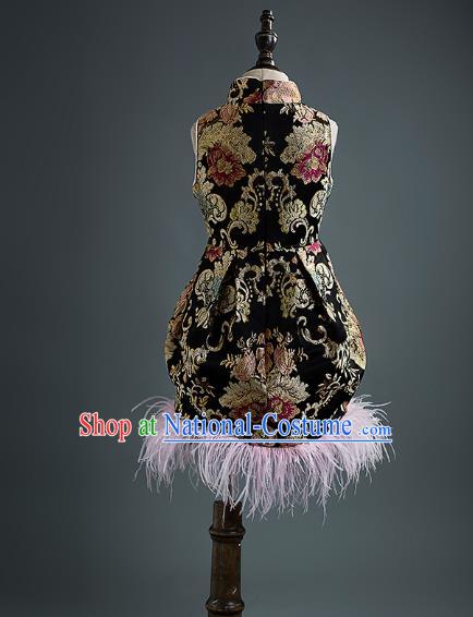 Traditional Chinese Classical Dance Black Qipao Dress Compere Stage Performance Costume for Kids