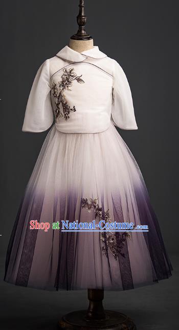 Traditional Chinese Classical Dance Blouse and Purple Skirt Compere Stage Performance Costume for Kids