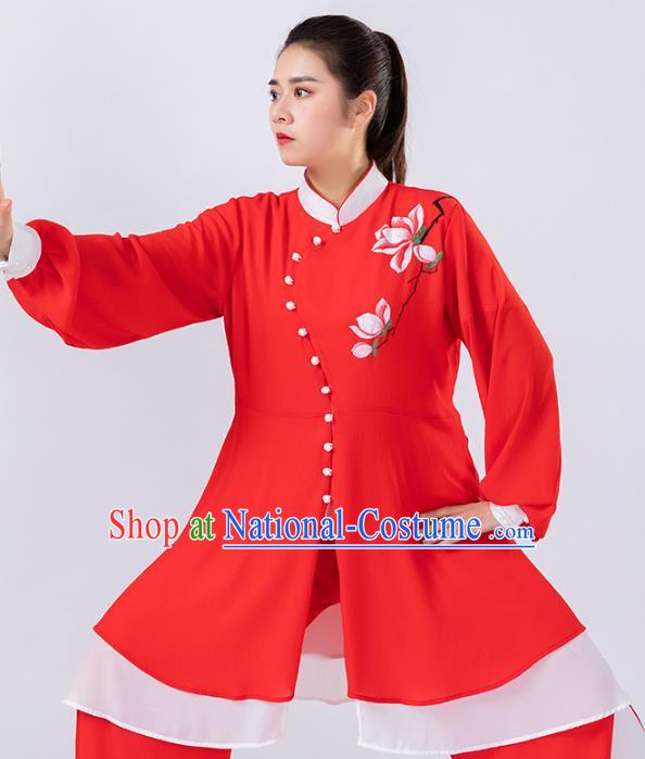 Traditional Chinese Tai Chi Hand Painting Mangnolia Red Suits Martial Arts Stage Performance Costumes for Women