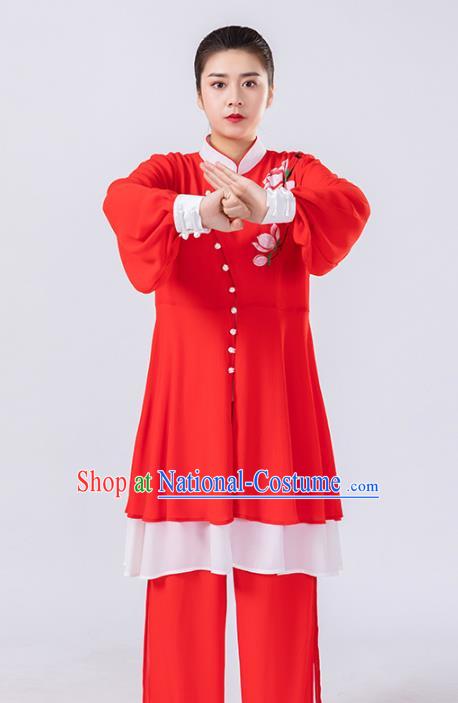 Traditional Chinese Tai Chi Hand Painting Mangnolia Red Suits Martial Arts Stage Performance Costumes for Women