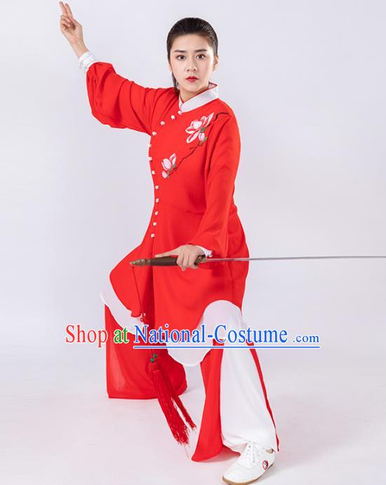 Traditional Chinese Tai Chi Hand Painting Mangnolia Red Suits Martial Arts Stage Performance Costumes for Women