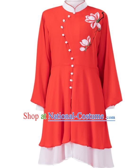 Traditional Chinese Tai Chi Hand Painting Mangnolia Red Suits Martial Arts Stage Performance Costumes for Women